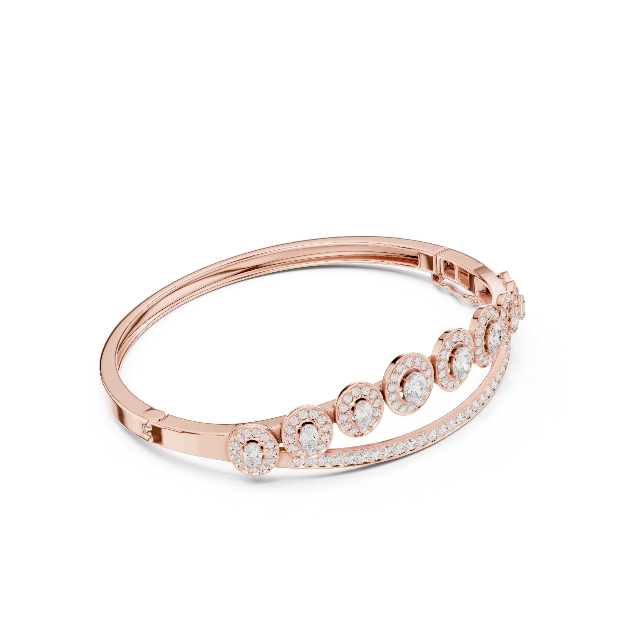 Rose gold oval-cut halo tiara bangle with crown stones and pavé band