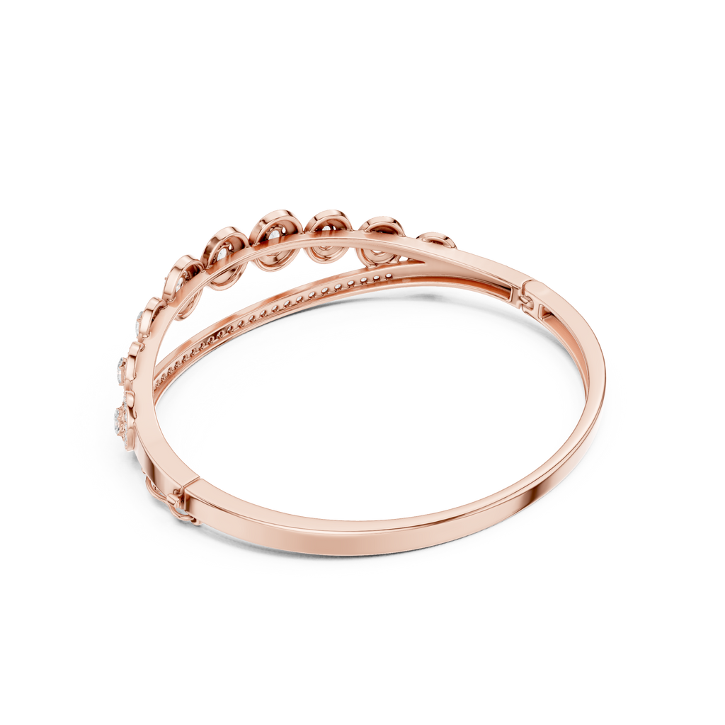 Rose gold oval-cut halo tiara bangle with crown prongs, side view