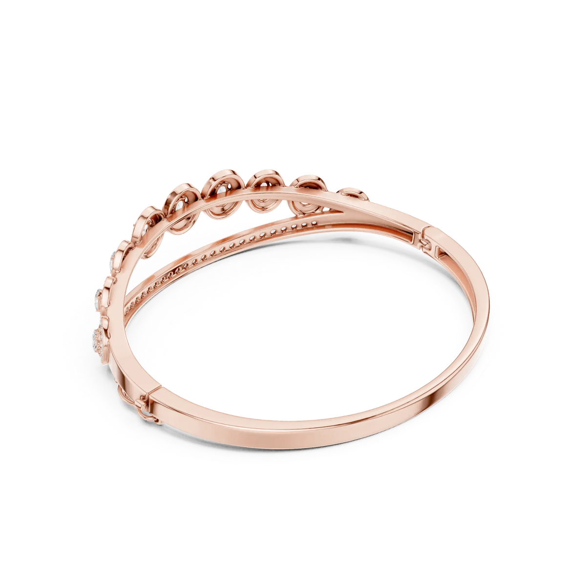 Rose gold oval-cut halo tiara bangle with crown prongs, side view