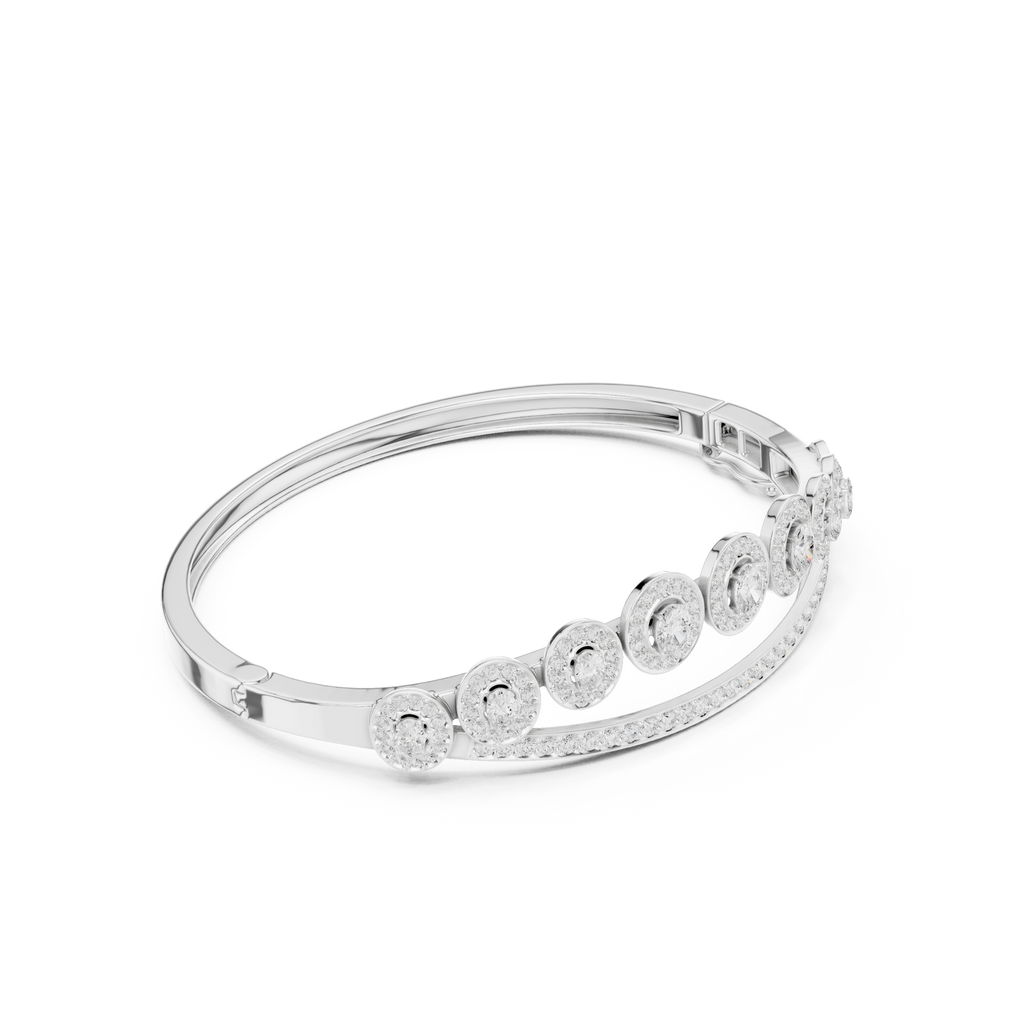White gold oval-cut halo tiara bangle with crown stones and pavé band