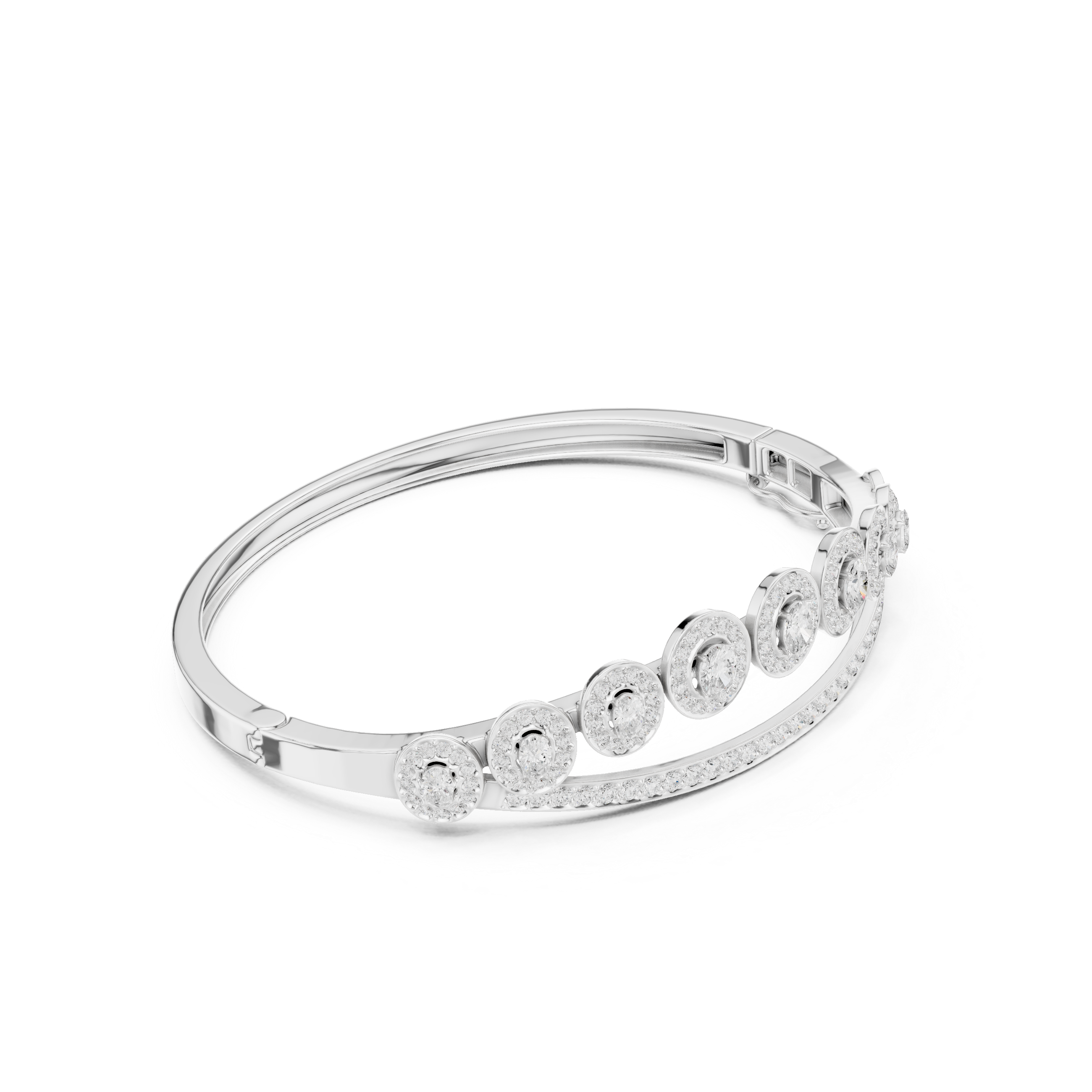 White gold oval-cut halo tiara bangle with crown stones and pavé band