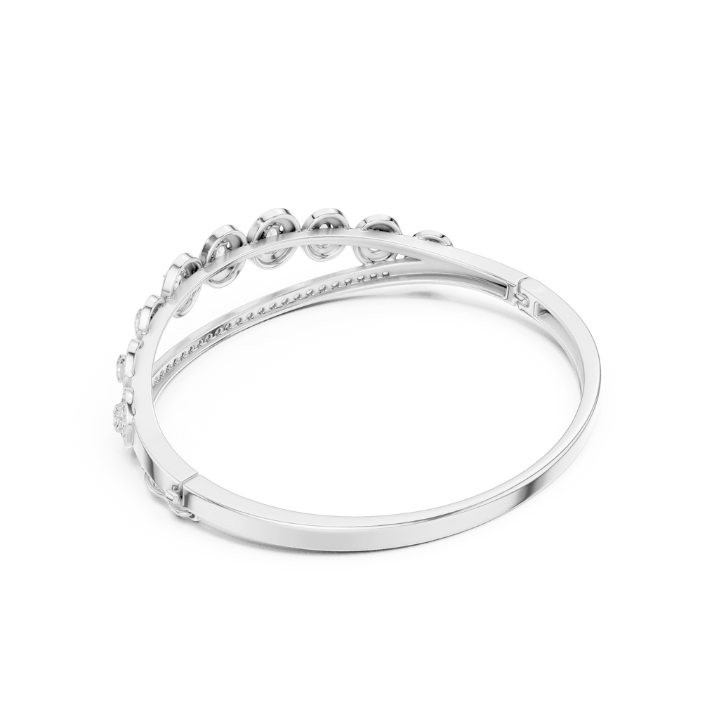 Oval halo bangle ring with pavé border and raised round centers in white metal