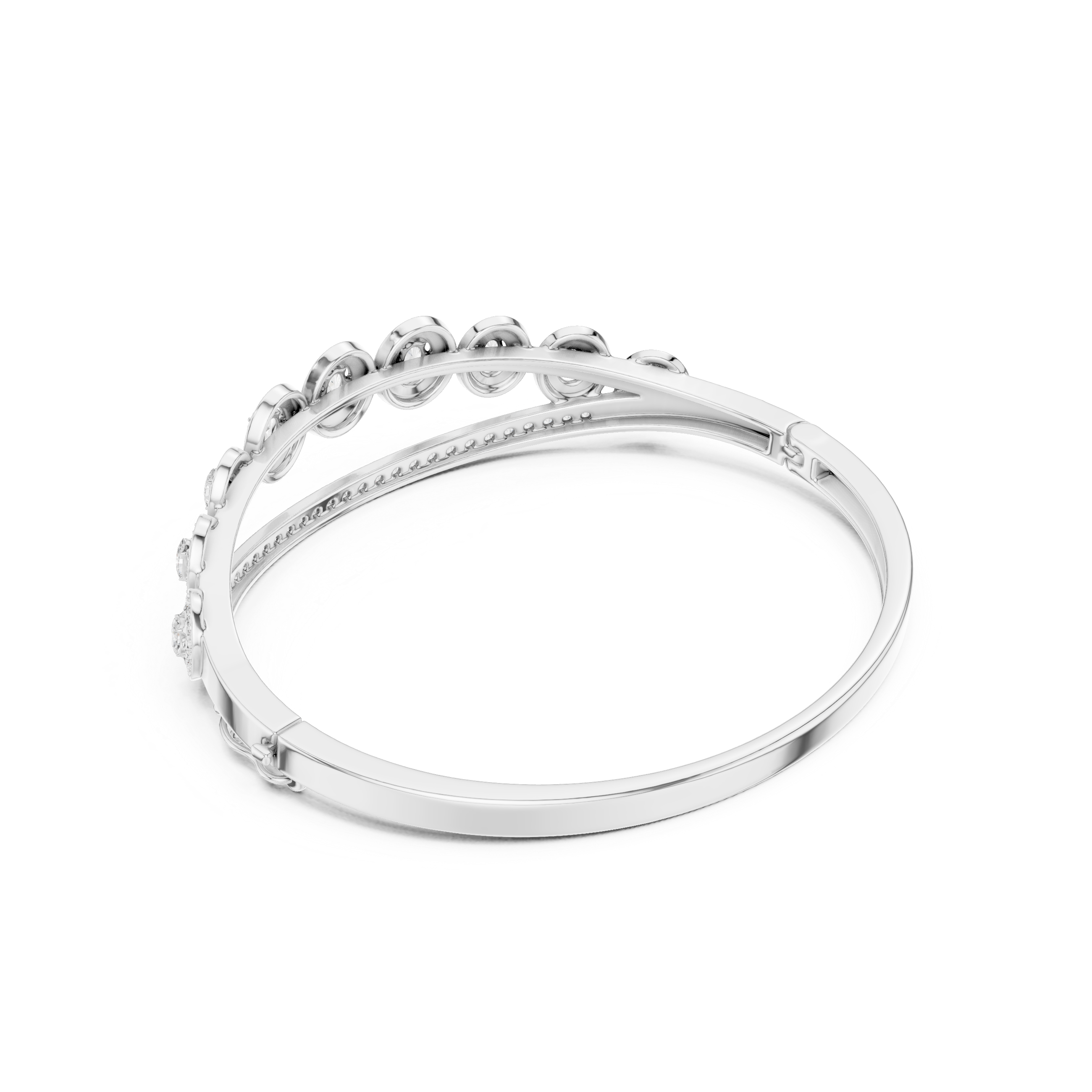 Oval halo bangle ring with pavé border and raised round centers in white metal