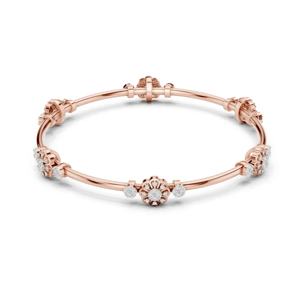 Rose gold diamond bangle bracelet with round stone clusters and a floral center charm.