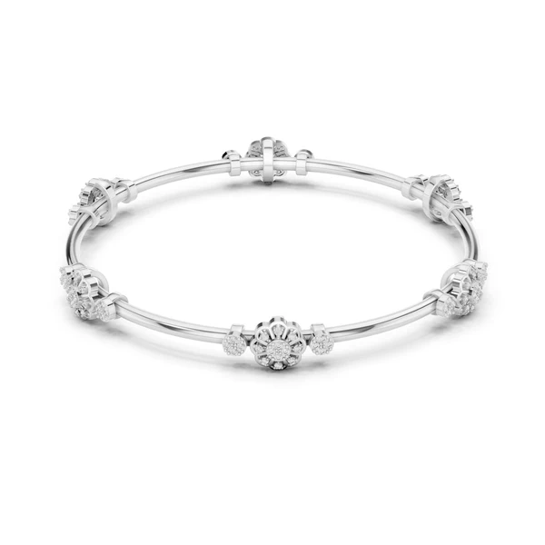 White gold diamond bangle bracelet with floral cluster links and round stone accents.