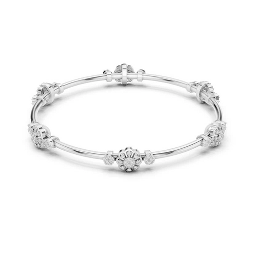 White gold diamond bangle bracelet with floral cluster links and round stone accents.