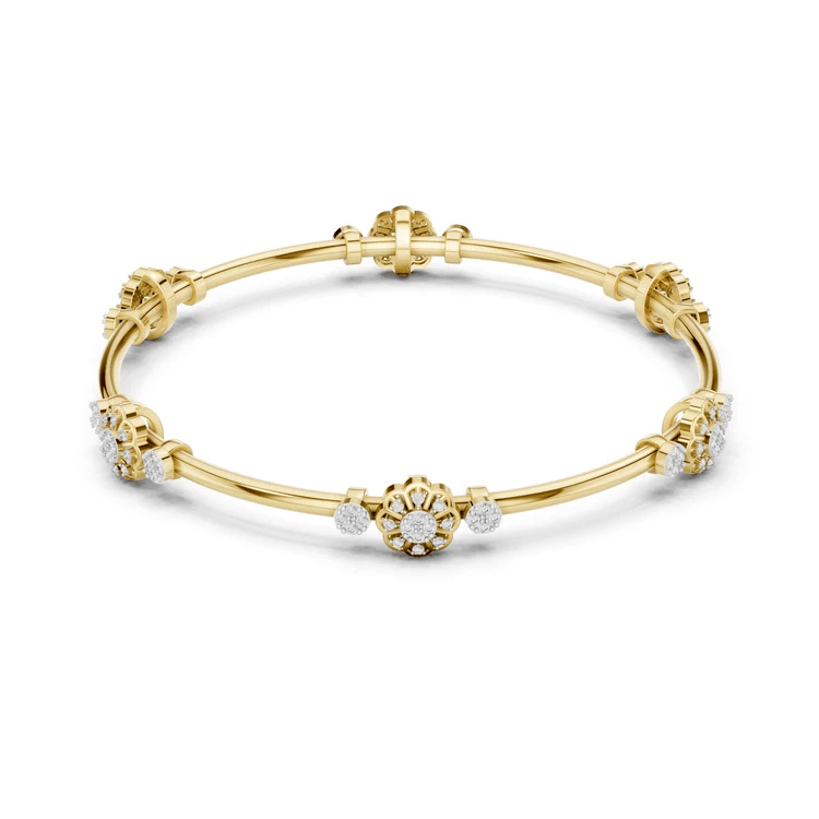 Gold bangle with round diamond floral cluster and small side stones