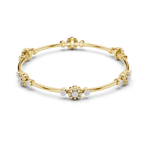 Gold bangle with round diamond floral cluster and small side stones