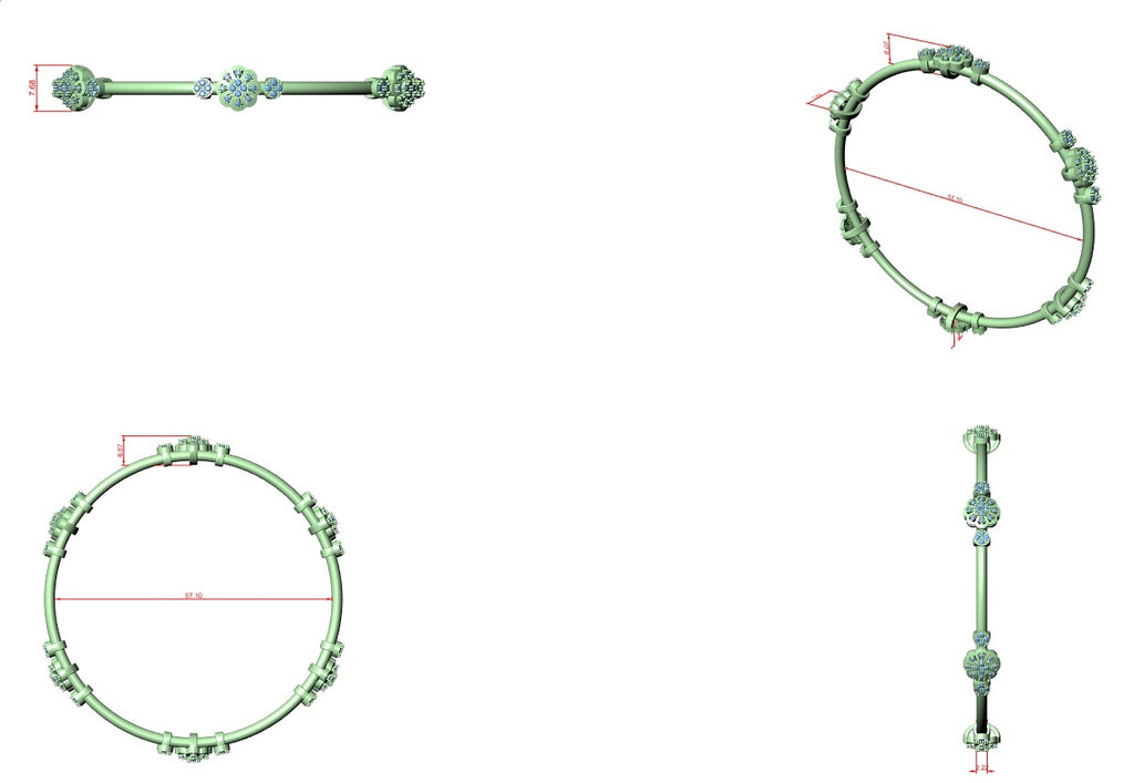 Green diamond bangle bracelet sketches on a white background, front and side views shown.