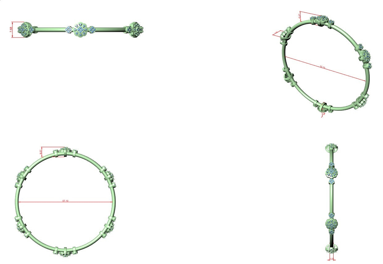 Green diamond bangle bracelet sketches on a white background, front and side views shown.