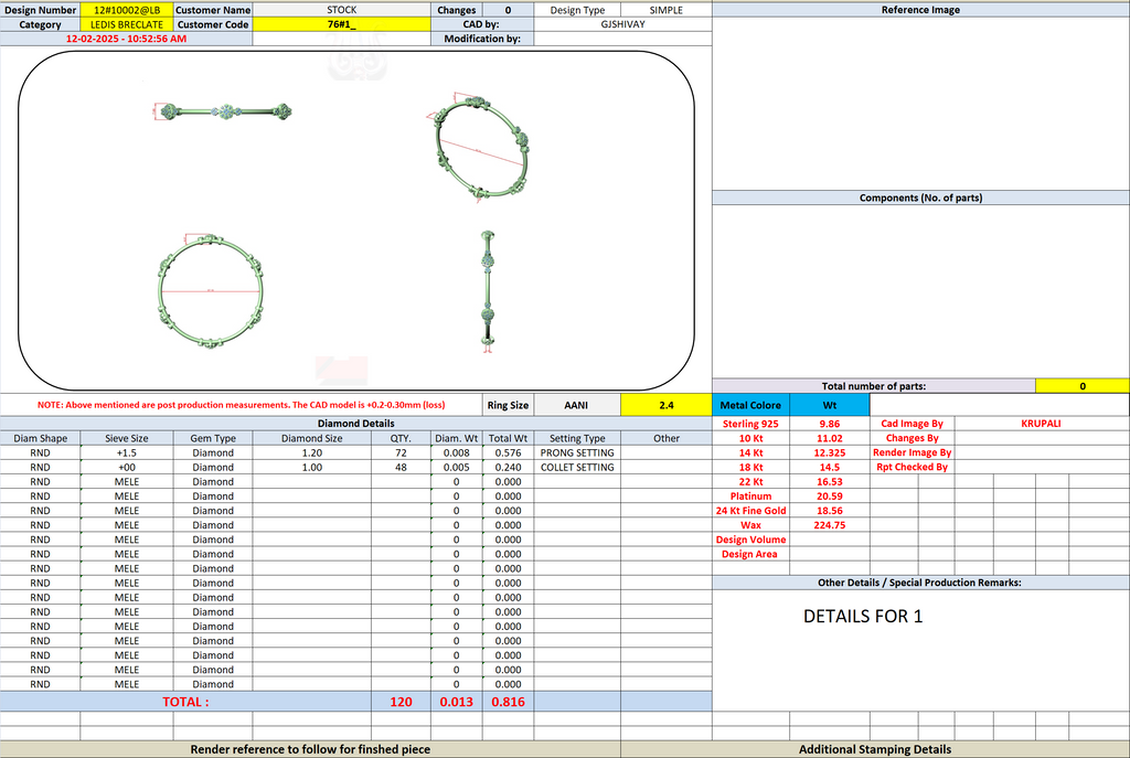Jewelry detail spreadsheet page with bangle diagrams and component summary table.