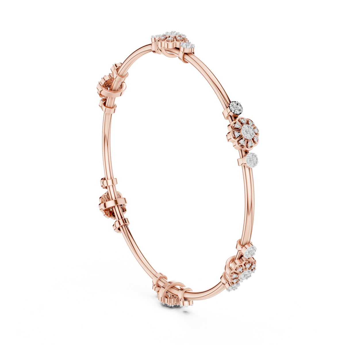 Rose gold diamond bangle side view with round cluster details along the cuff.