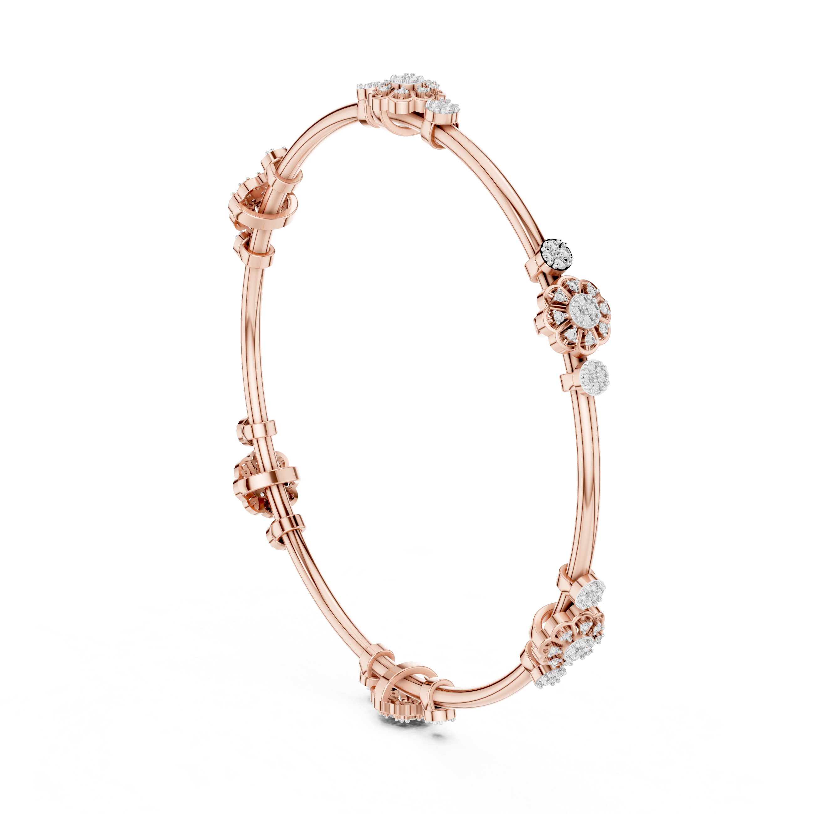 Rose gold diamond bangle side view with round cluster details along the cuff.