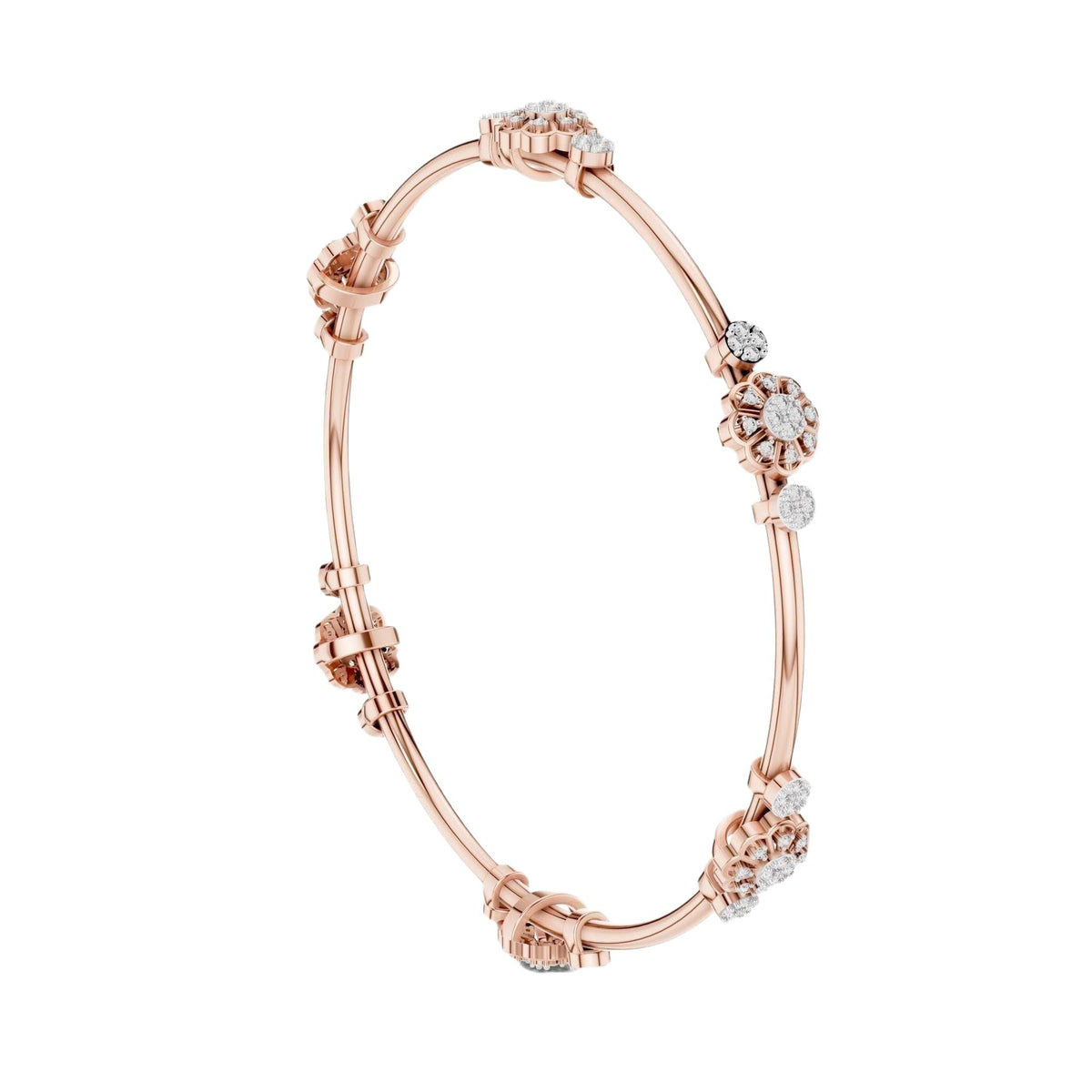 Rose gold diamond bangle side view with round cluster details along the cuff.