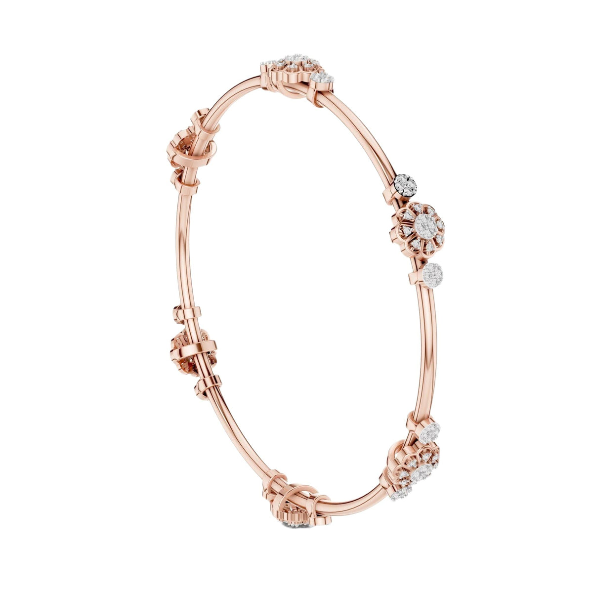 Rose gold diamond bangle side view with round cluster details along the cuff.