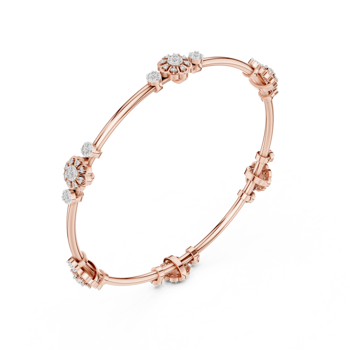 Rose gold diamond bangle bracelet viewed from the side, showing round stone clusters.