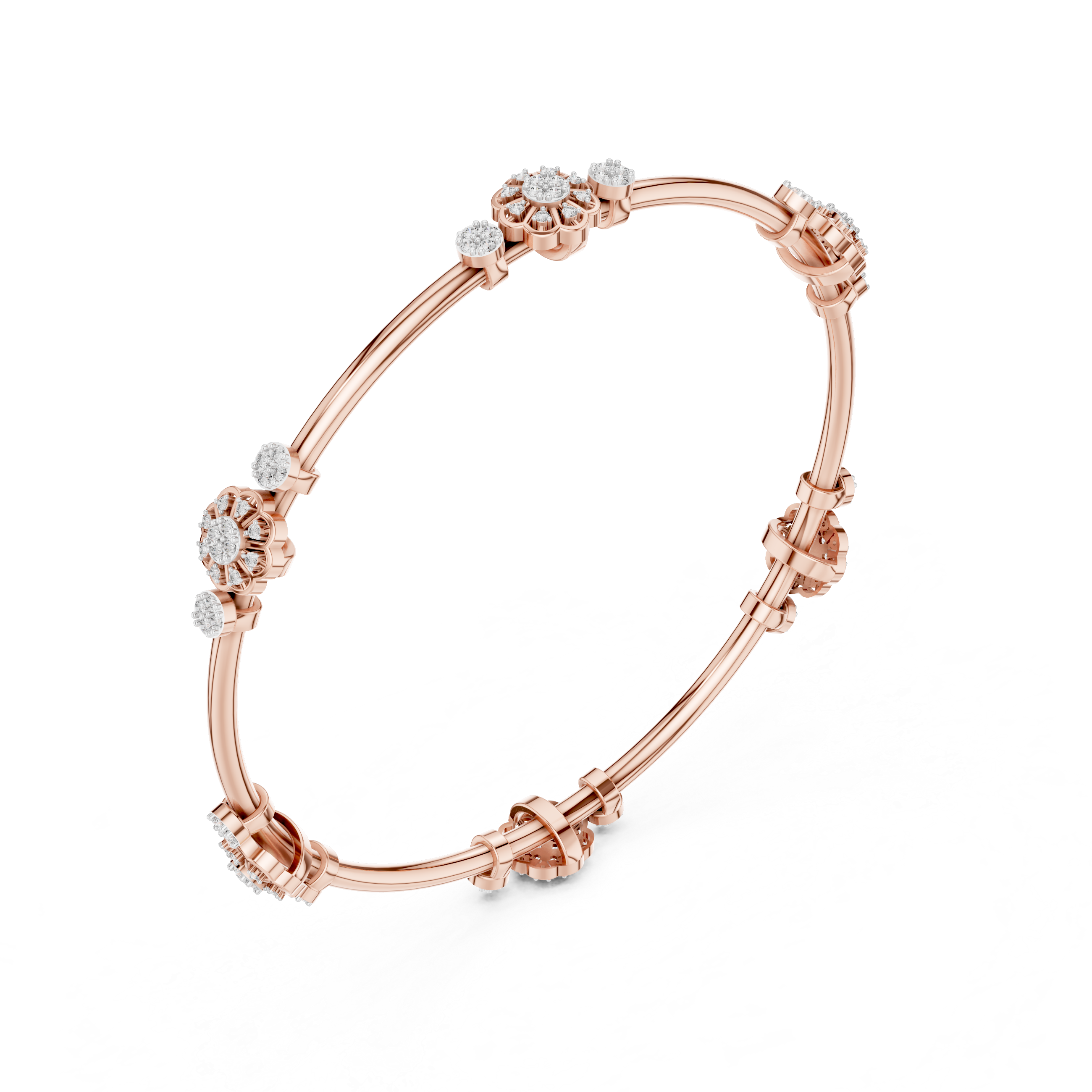Rose gold diamond bangle bracelet viewed from the side, showing round stone clusters.
