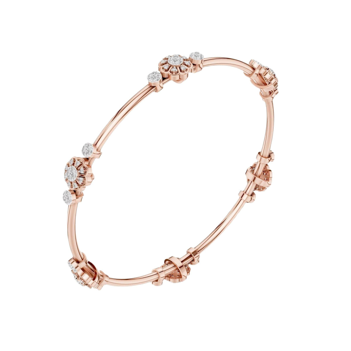 Rose gold diamond bangle bracelet viewed from the side, showing round stone clusters.