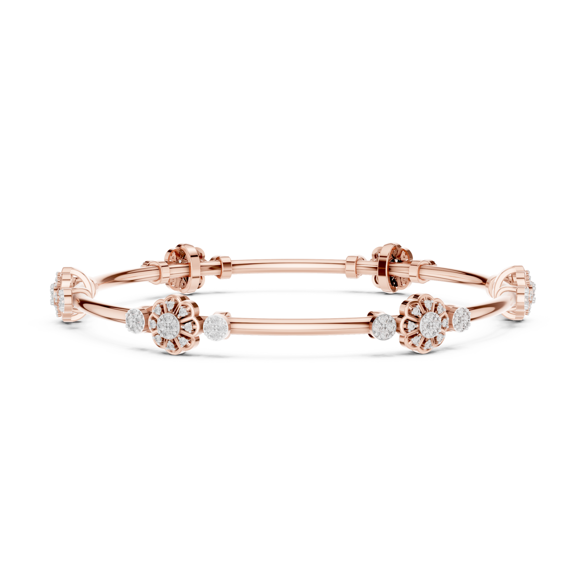 Rose gold diamond bangle with round cluster floral accents and hinged link design.
