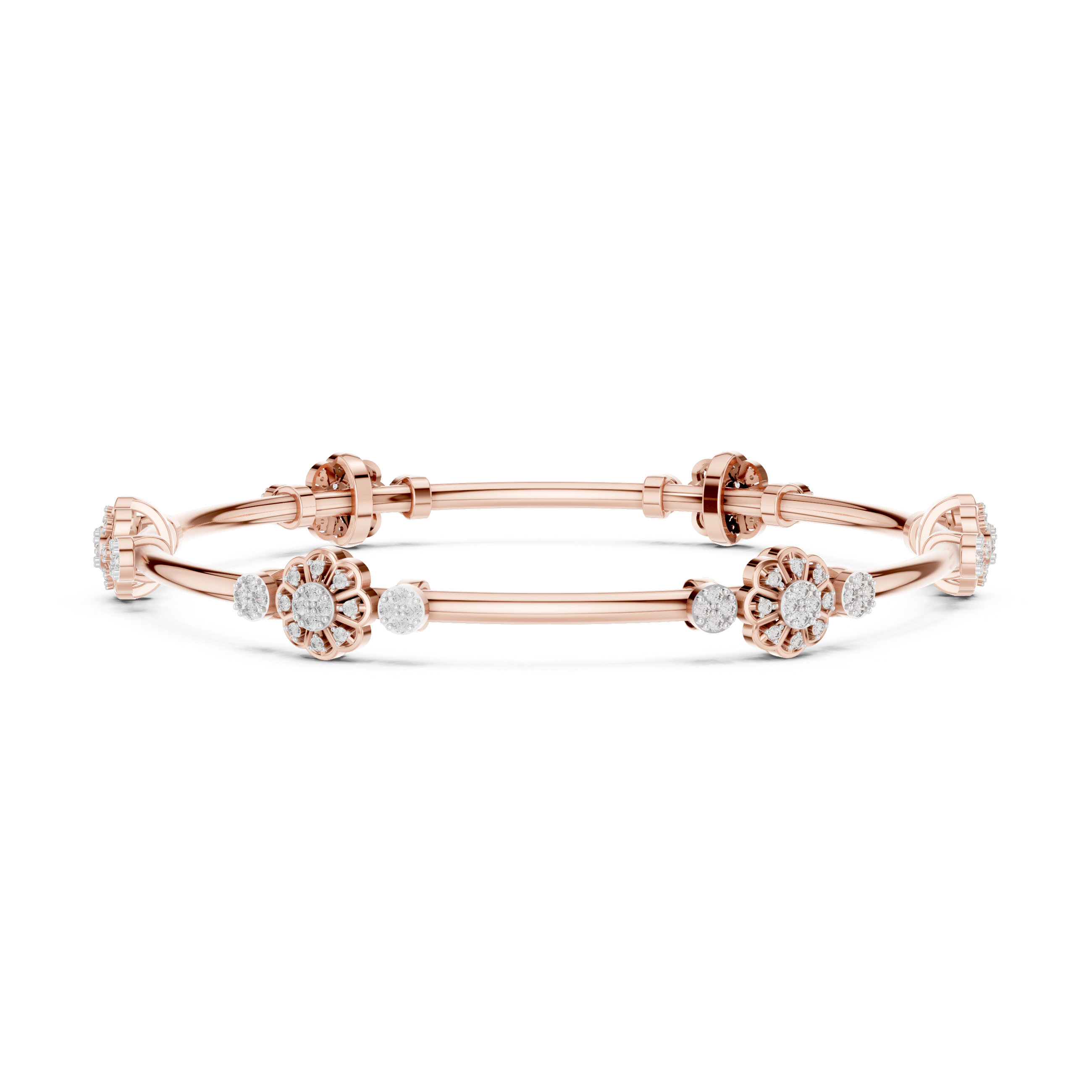 Rose gold diamond bangle with round cluster floral accents and hinged link design.