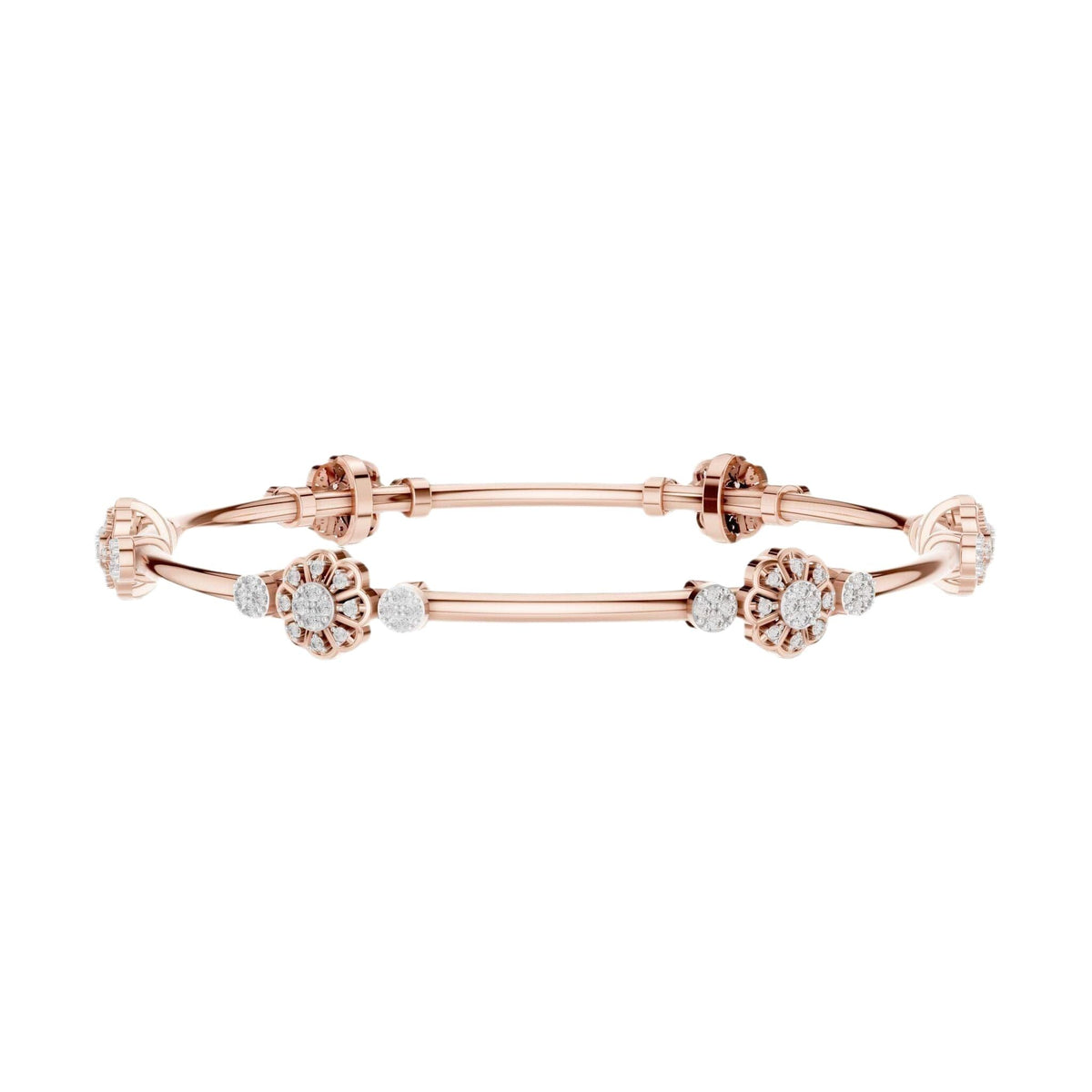 Rose gold diamond bangle with round cluster floral accents and hinged link design.