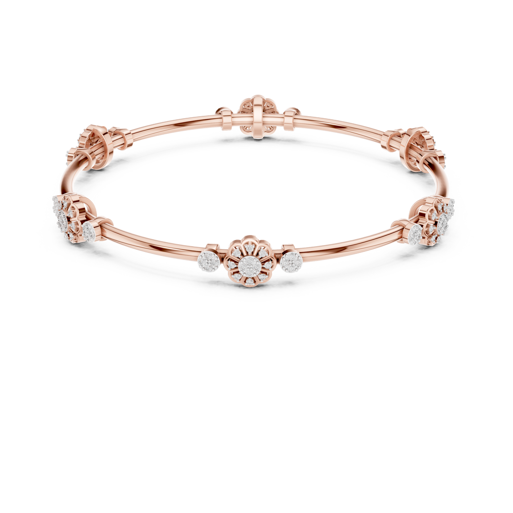 Rose gold diamond bangle bracelet with floral cluster links and round stones at accents.