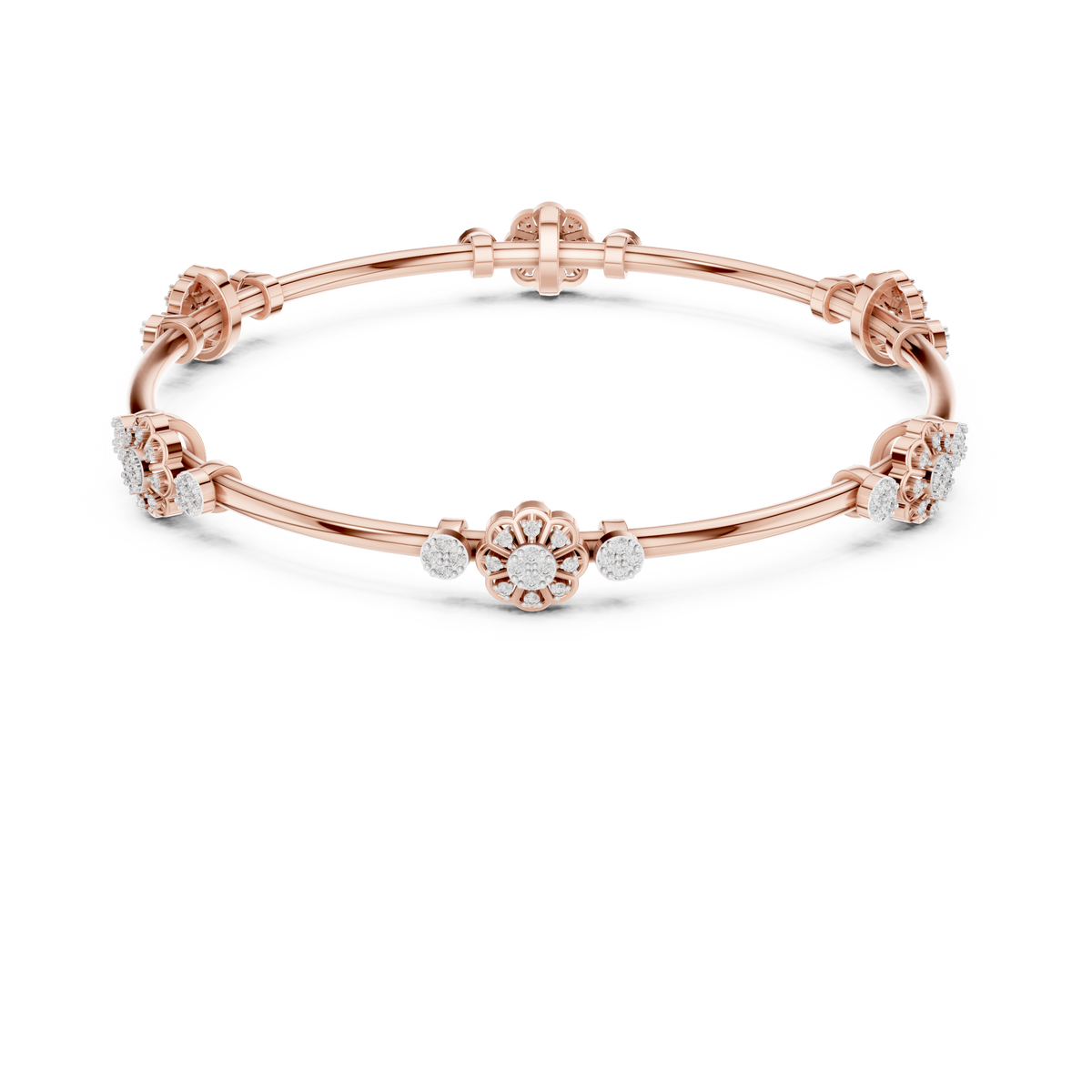 Rose gold diamond bangle bracelet with floral cluster links and round stones at accents.