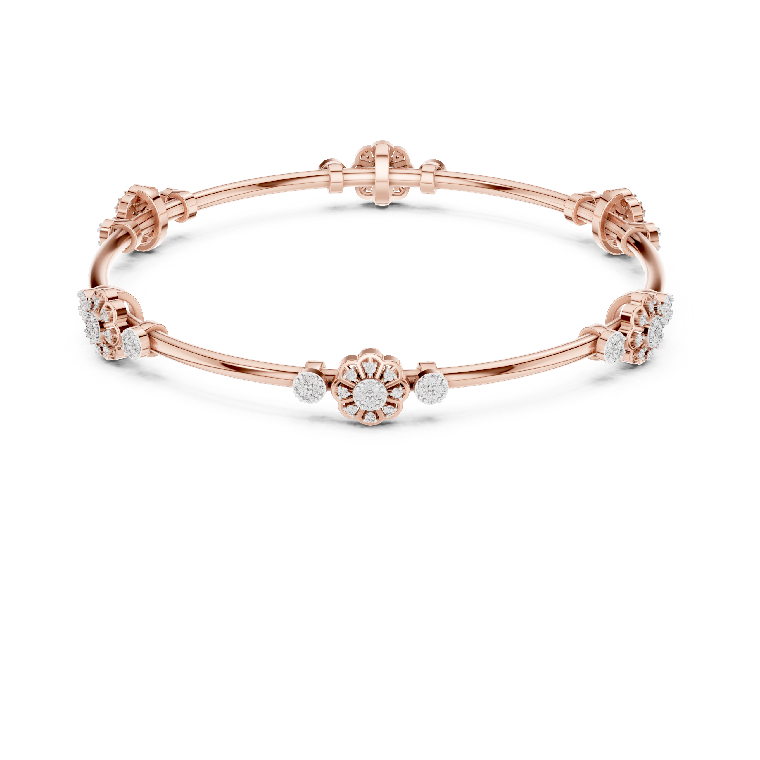 Rose gold diamond bangle bracelet with floral cluster links and round stones at accents.
