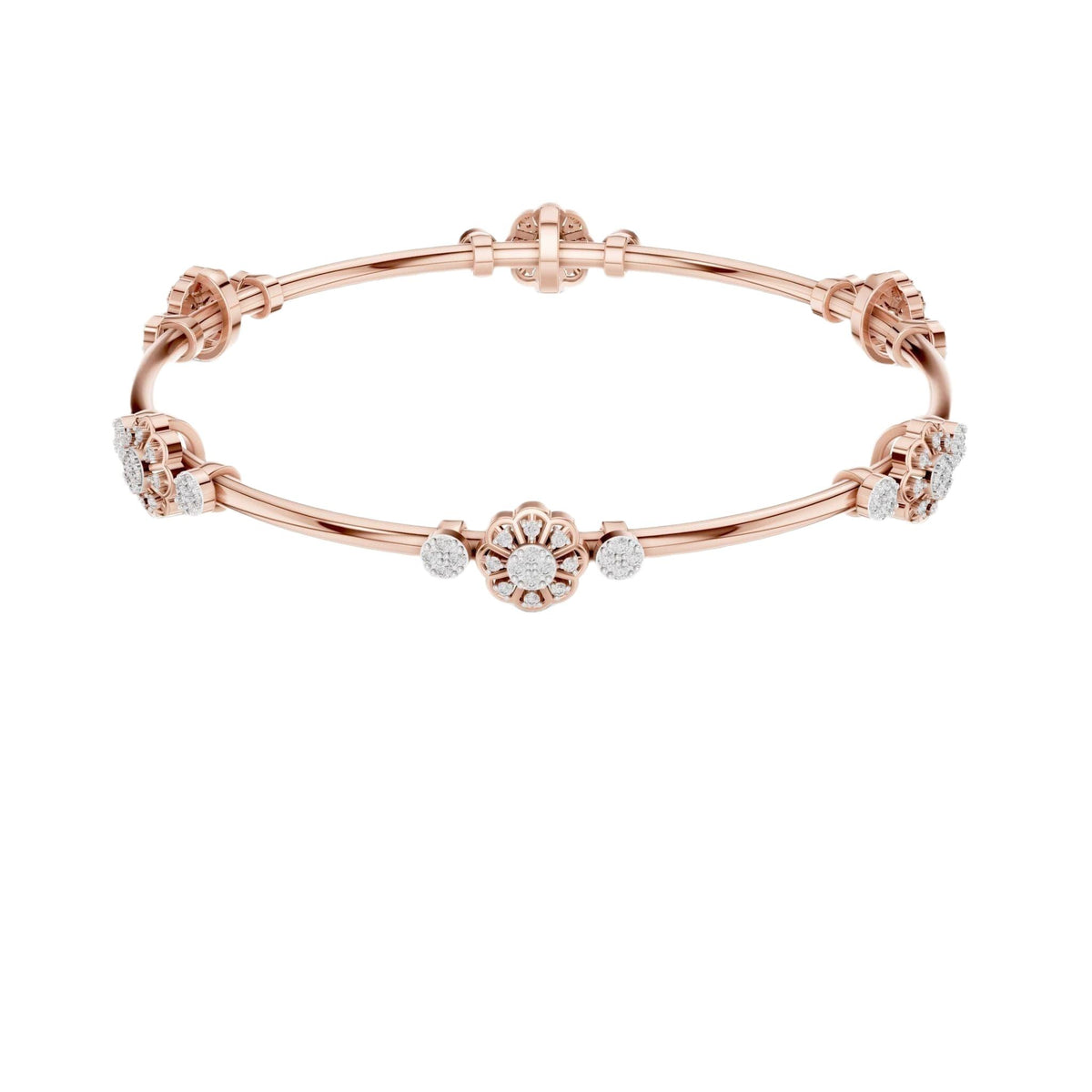 Rose gold diamond bangle bracelet with floral cluster links and round stones at accents.