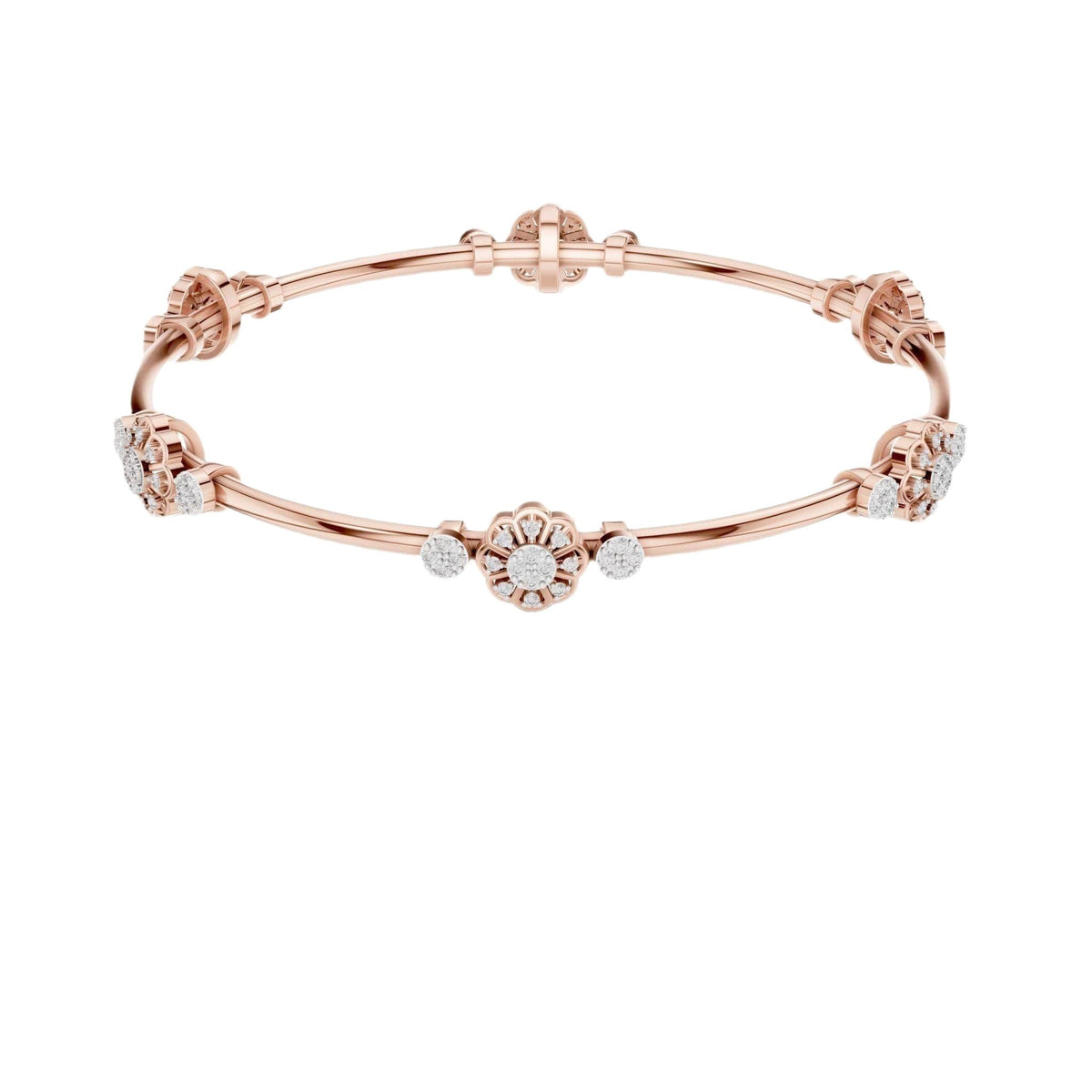 Rose gold diamond bangle bracelet with floral cluster links and round stones at accents.