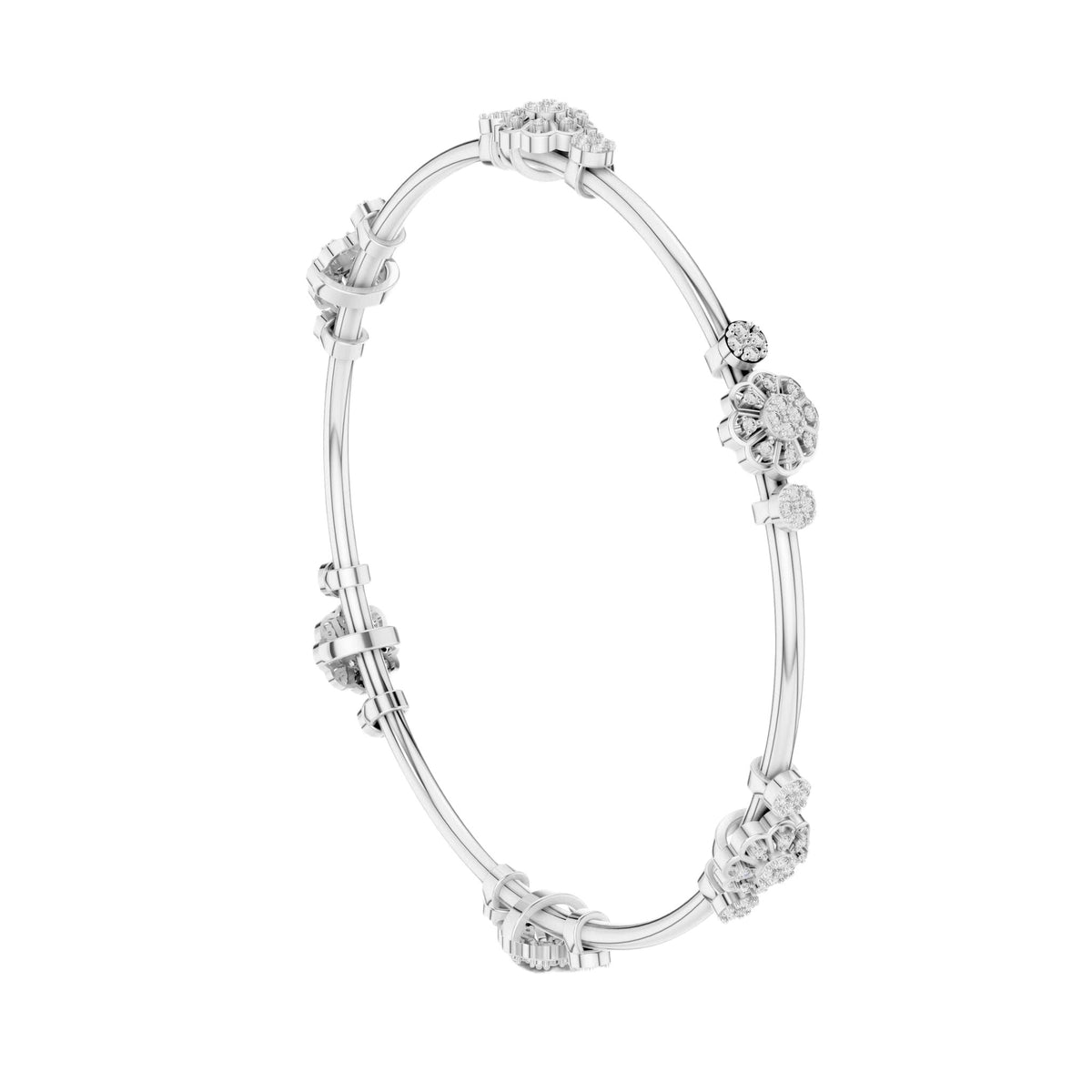 White gold diamond bangle with round cluster floral details and hinged links.