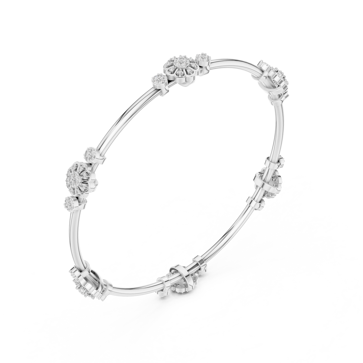 White gold hinged diamond bangle with round clusters and link segments on cuff.