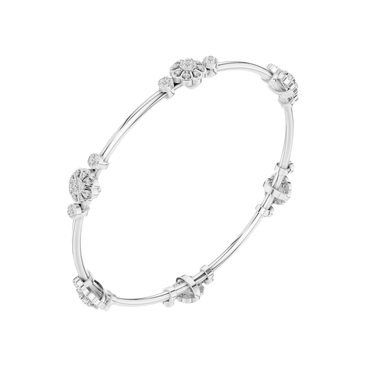 White gold hinged diamond bangle with round clusters and link segments on cuff.