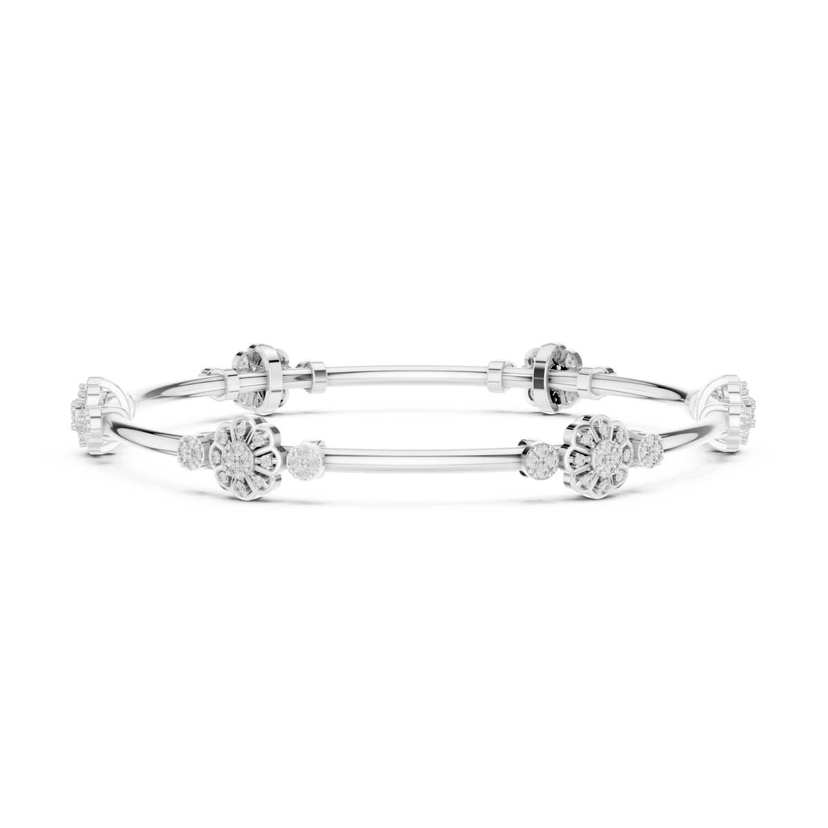 White gold round diamond bangle with floral cluster accents and slim bar design.