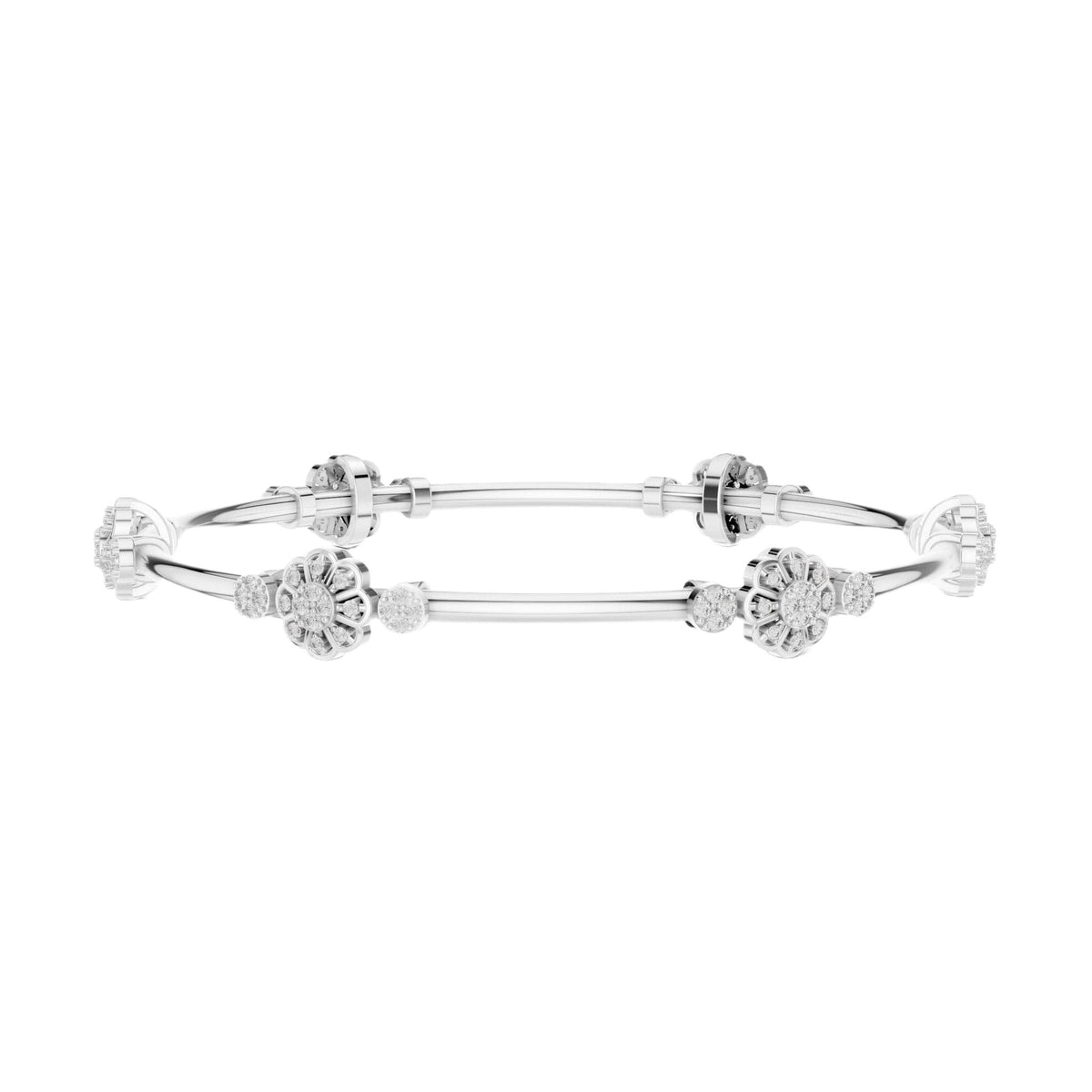 White gold round diamond bangle with floral cluster accents and slim bar design.