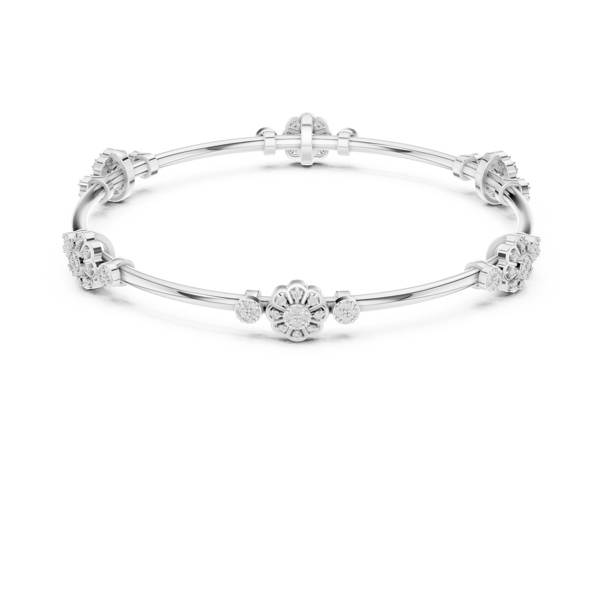 White gold diamond bangle with round clusters spaced along a slim bracelet cuff.