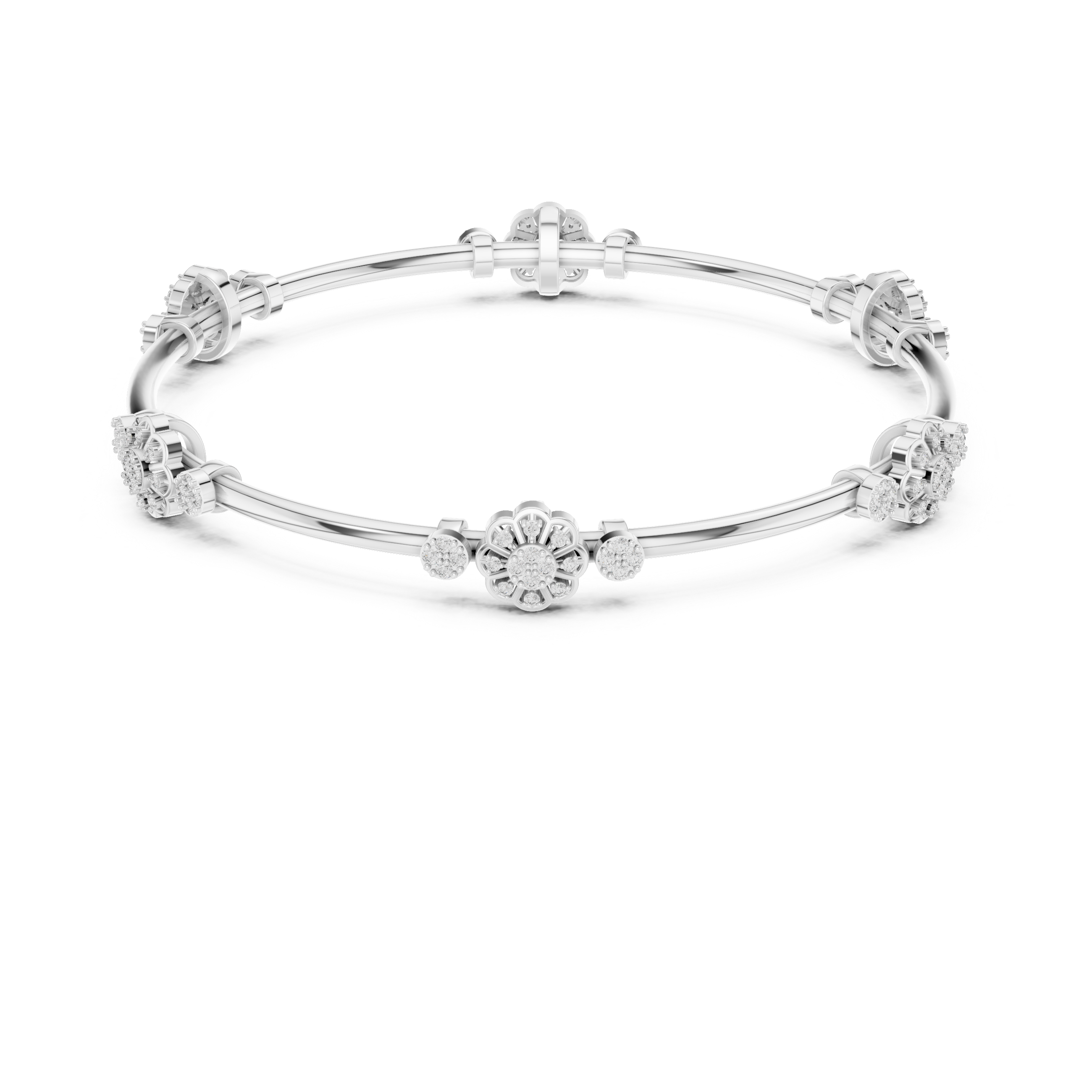 White gold diamond bangle with round clusters spaced along a slim bracelet cuff.