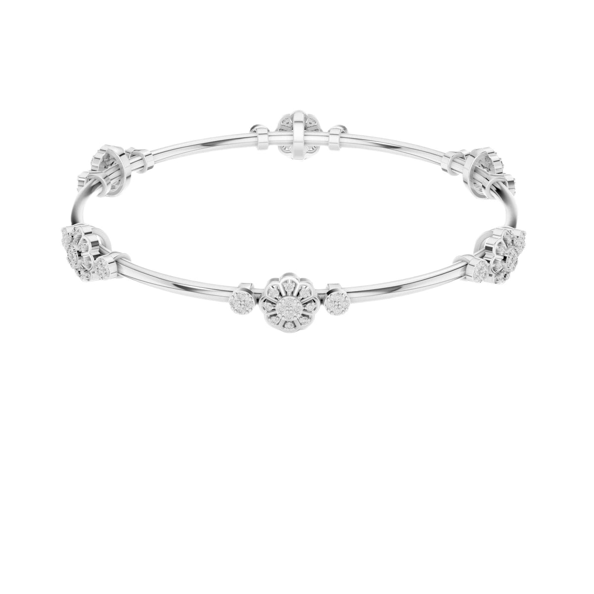 White gold diamond bangle with round clusters spaced along a slim bracelet cuff.