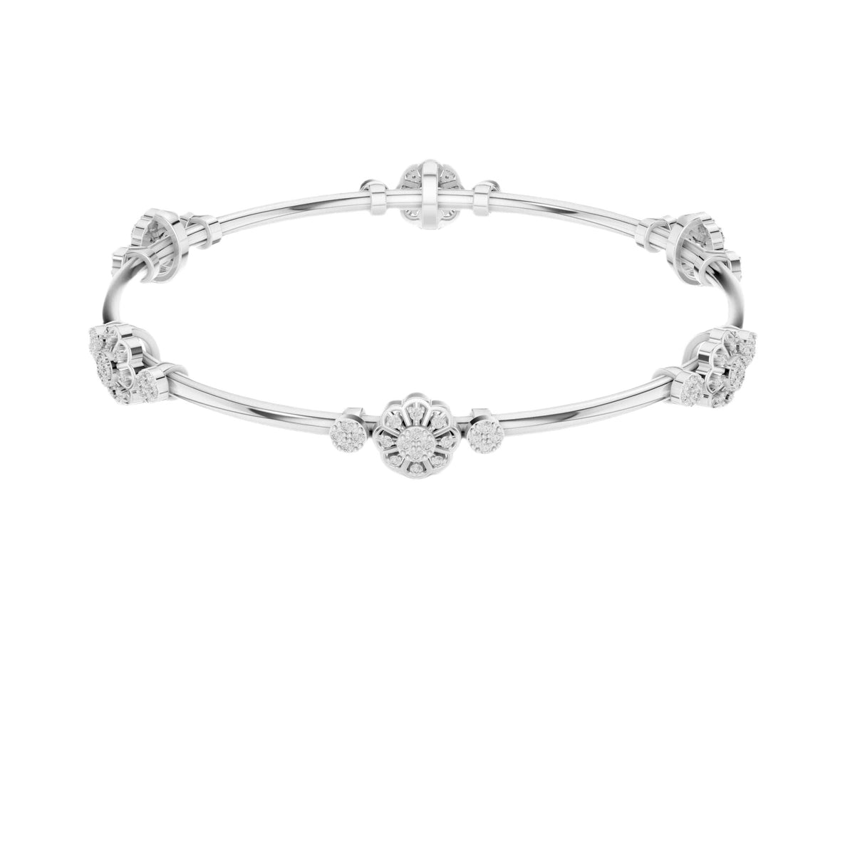 White gold diamond bangle with round clusters spaced along a slim bracelet cuff.