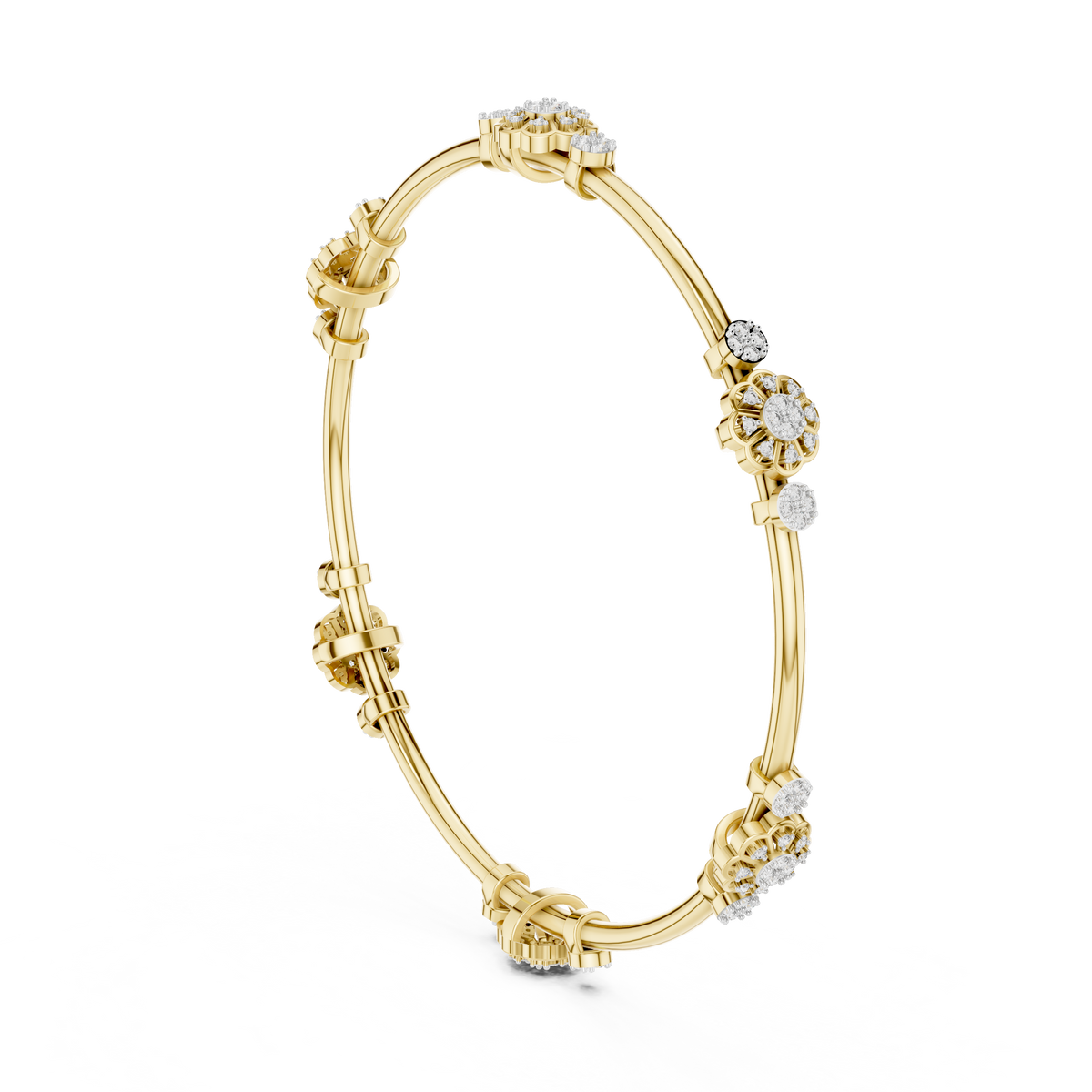 Yellow gold diamond bangle with round cluster floral accents and hinged links.