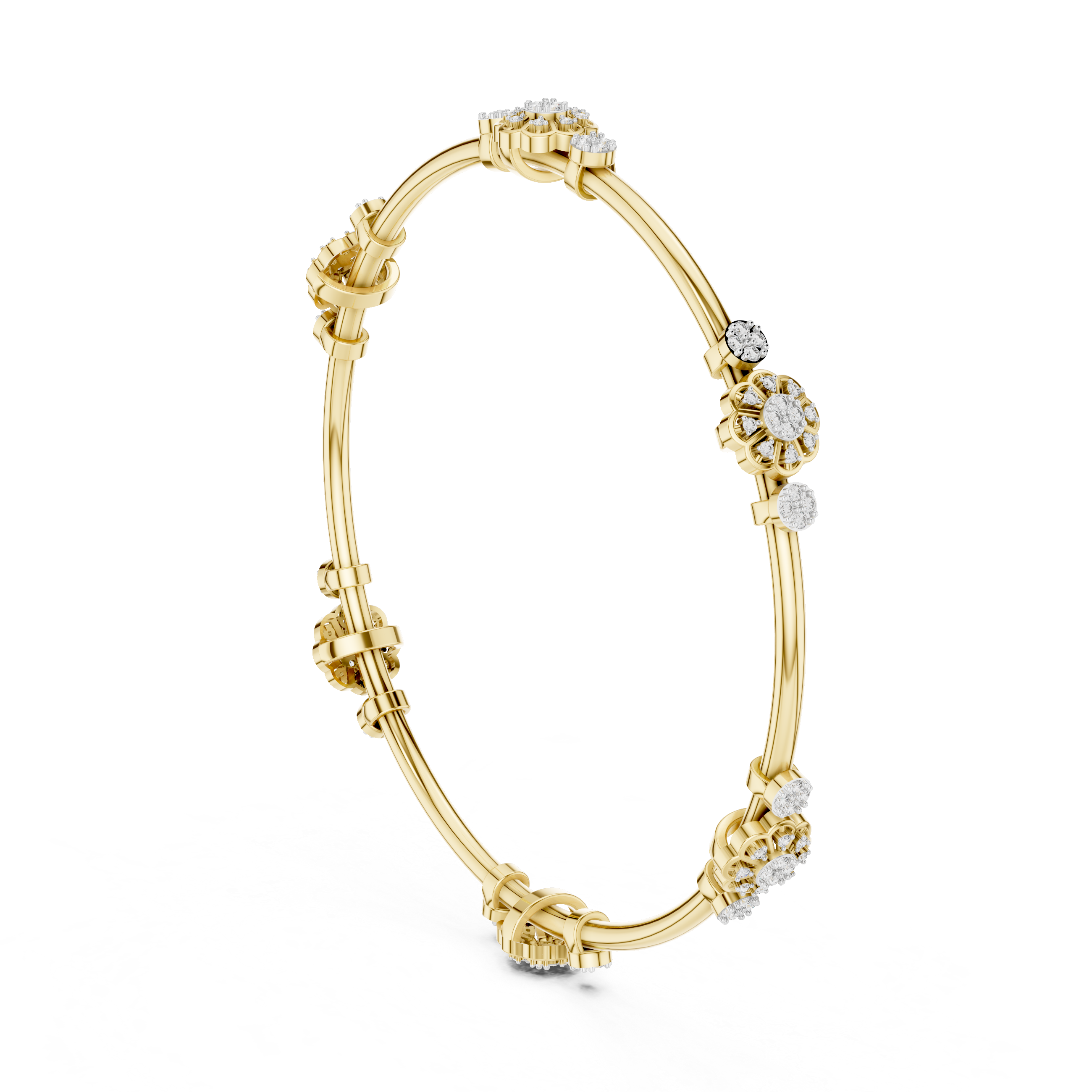 Yellow gold diamond bangle with round cluster floral accents and hinged links.