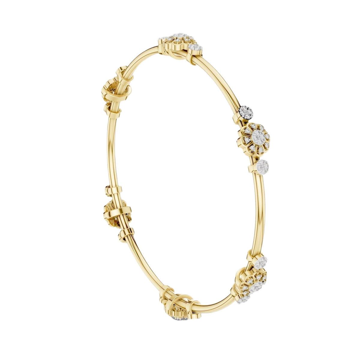 Yellow gold diamond bangle with round cluster floral accents and hinged links.