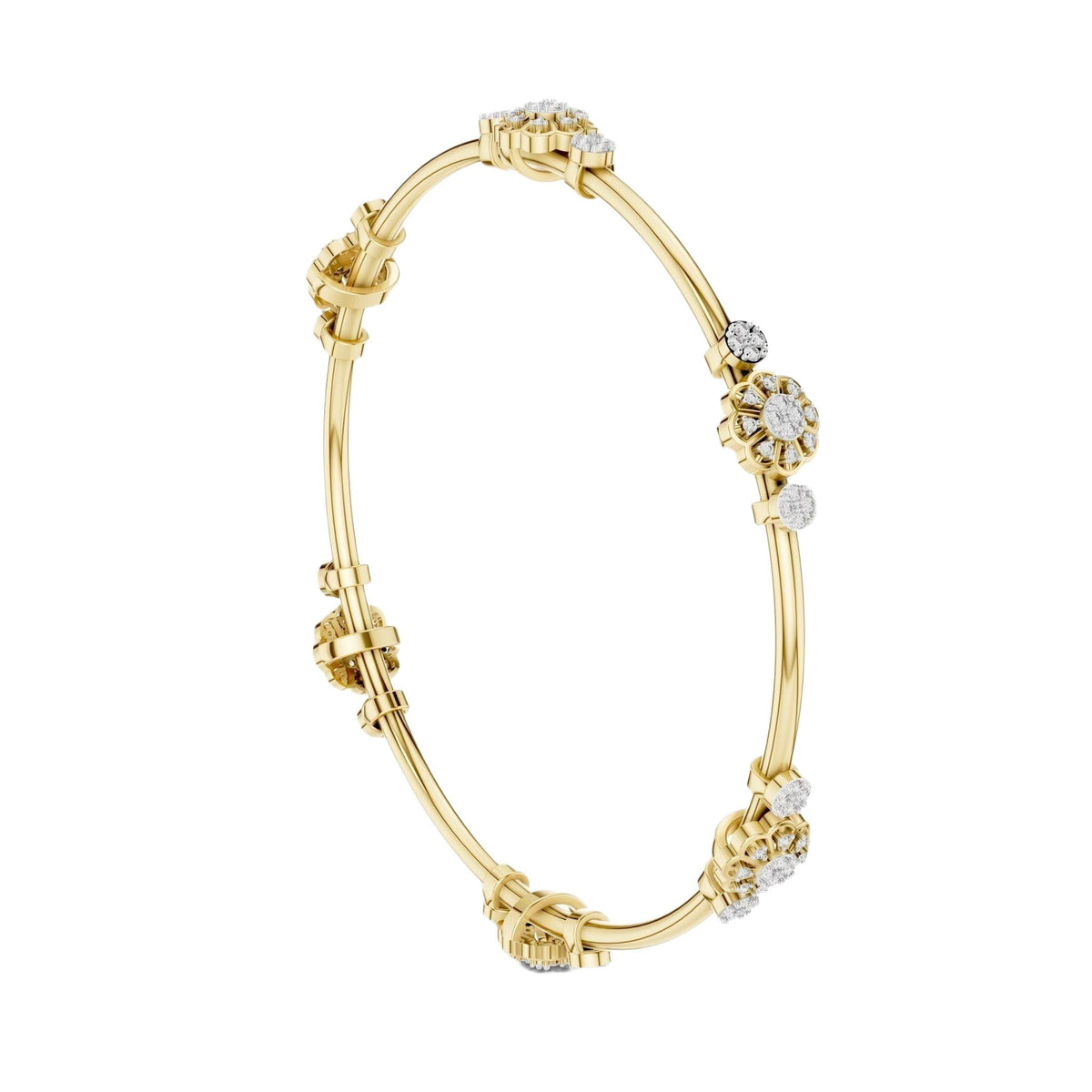 Yellow gold diamond bangle with round cluster floral accents and hinged links.