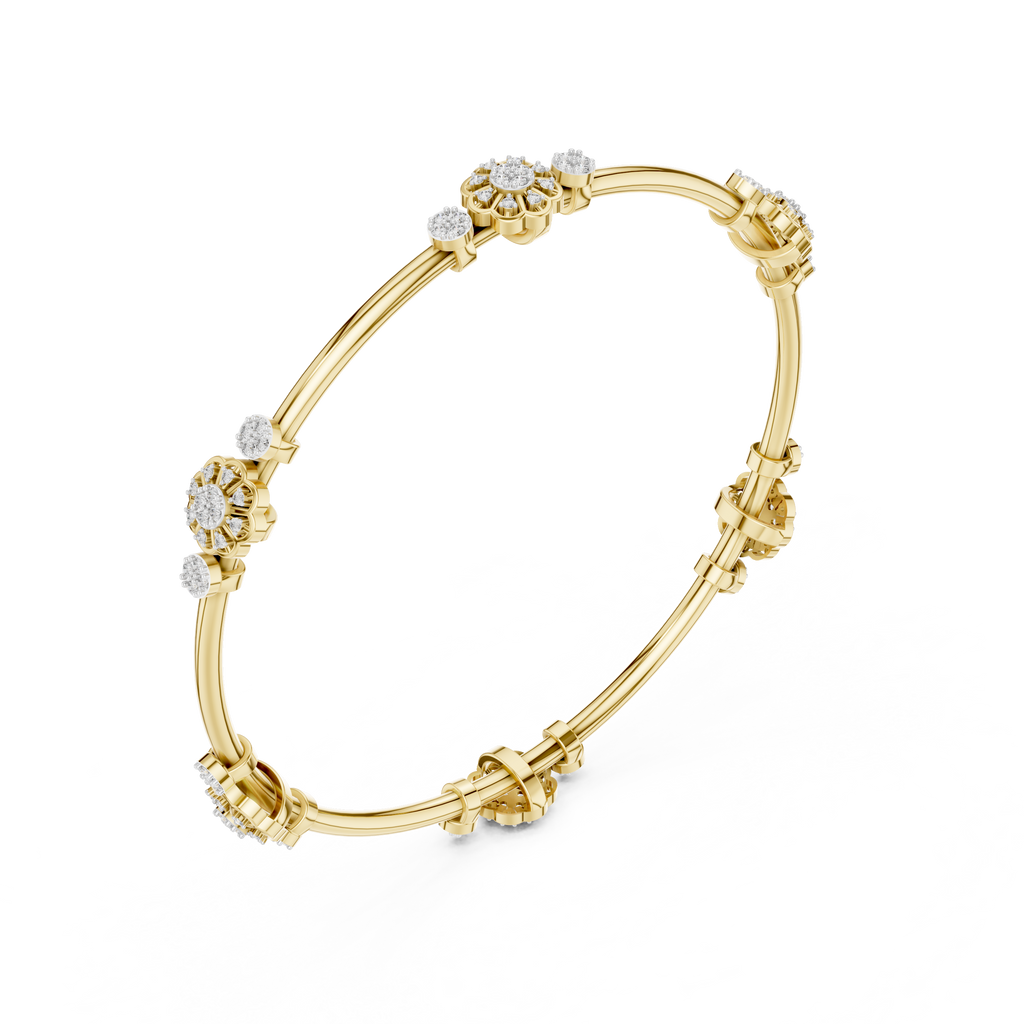 Yellow gold diamond bangle viewed from the side with round cluster accents.