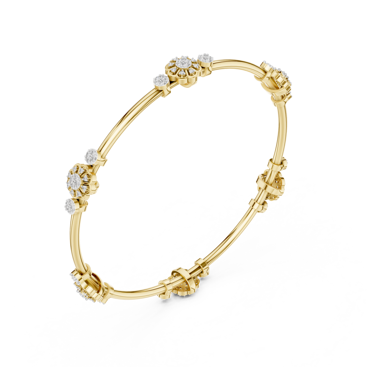 Yellow gold diamond bangle viewed from the side with round cluster accents.