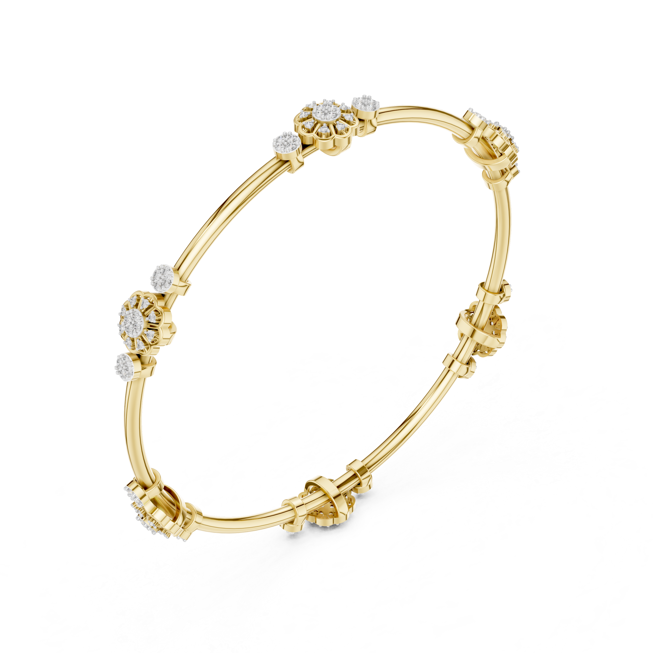 Yellow gold diamond bangle viewed from the side with round cluster accents.