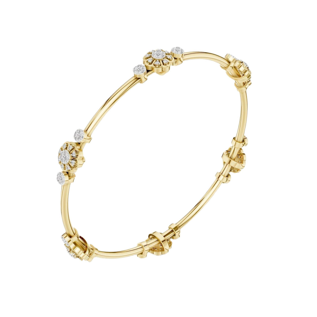 Yellow gold diamond bangle viewed from the side with round cluster accents.
