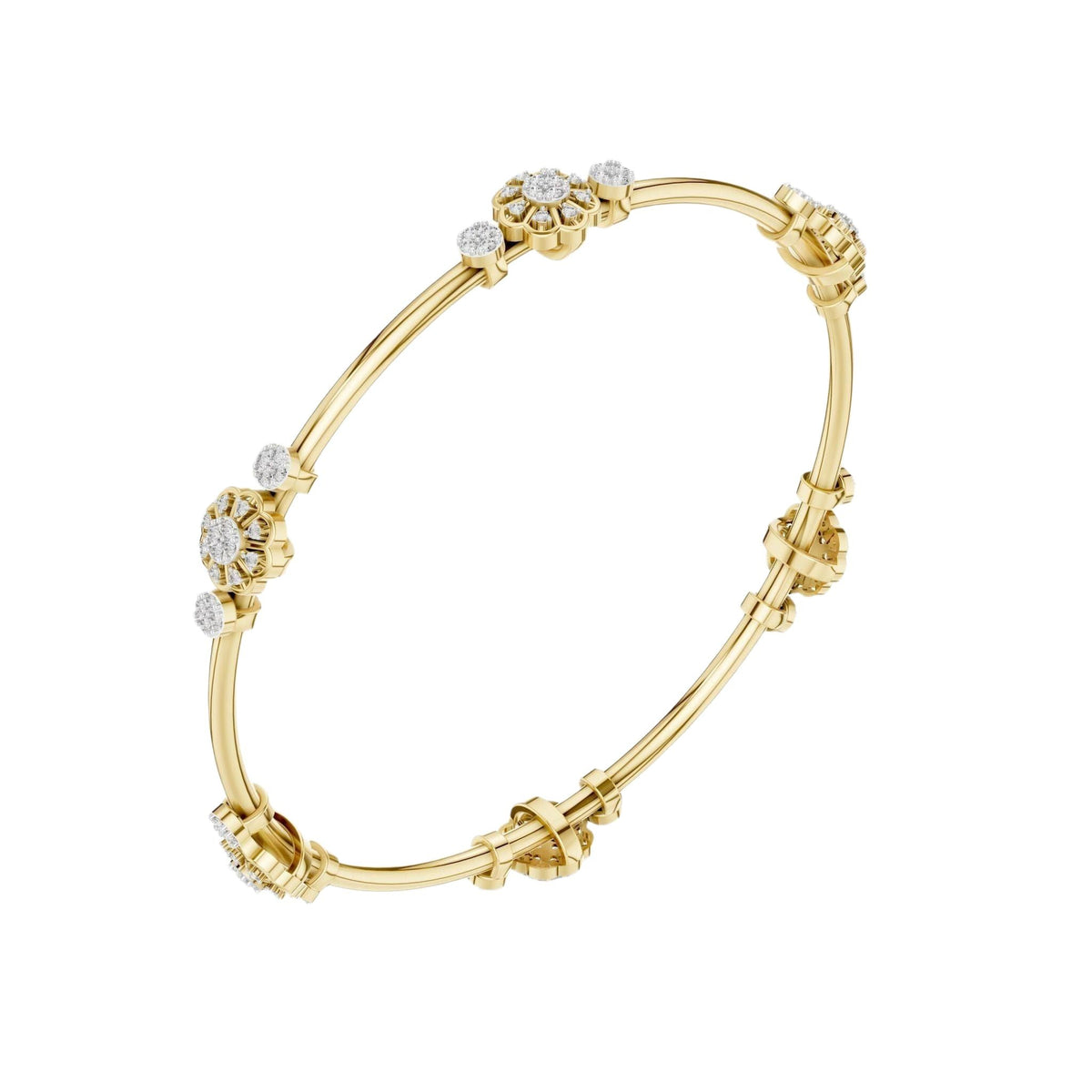 Yellow gold diamond bangle viewed from the side with round cluster accents.