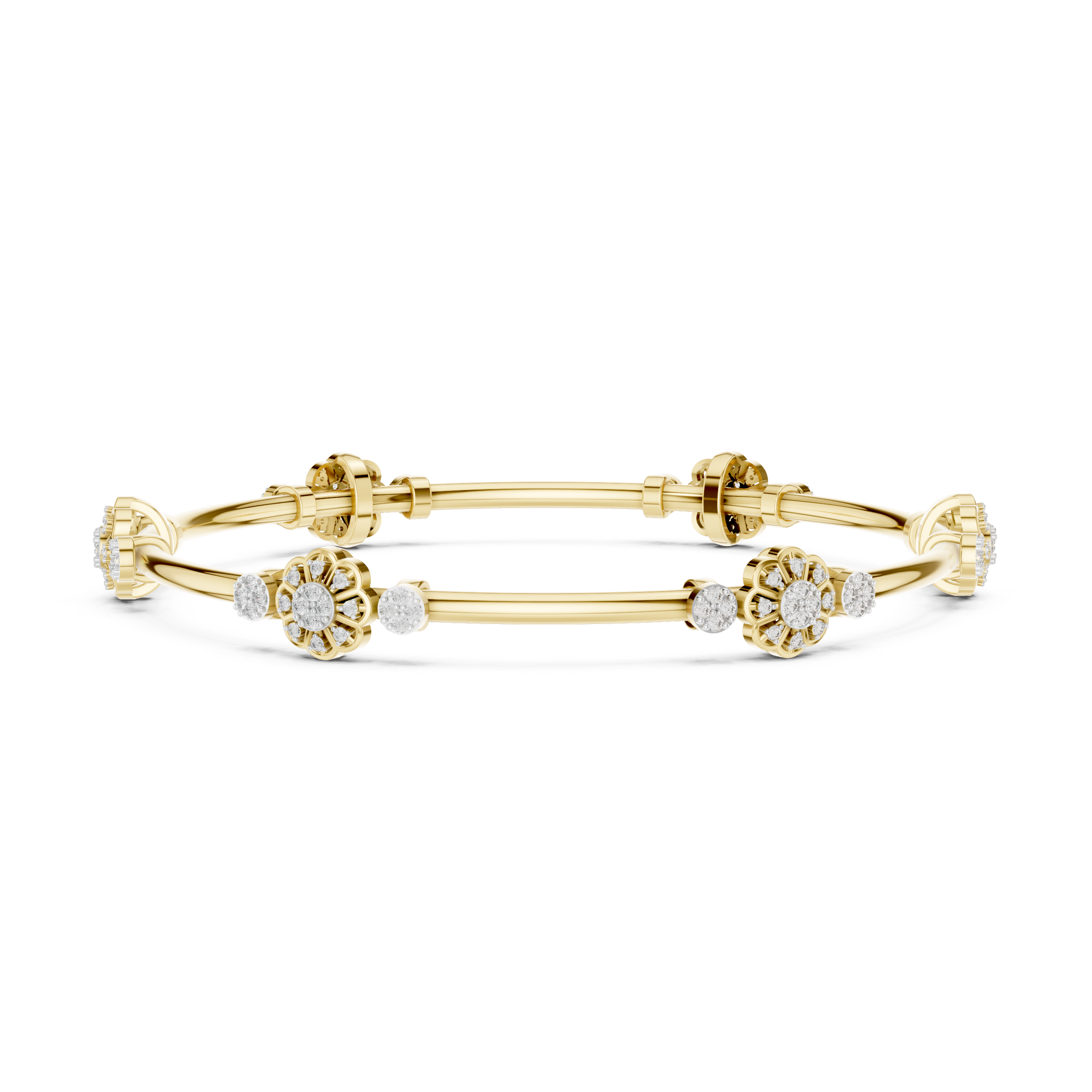 Yellow gold hinged diamond bangle with round clusters and linear bar segments.