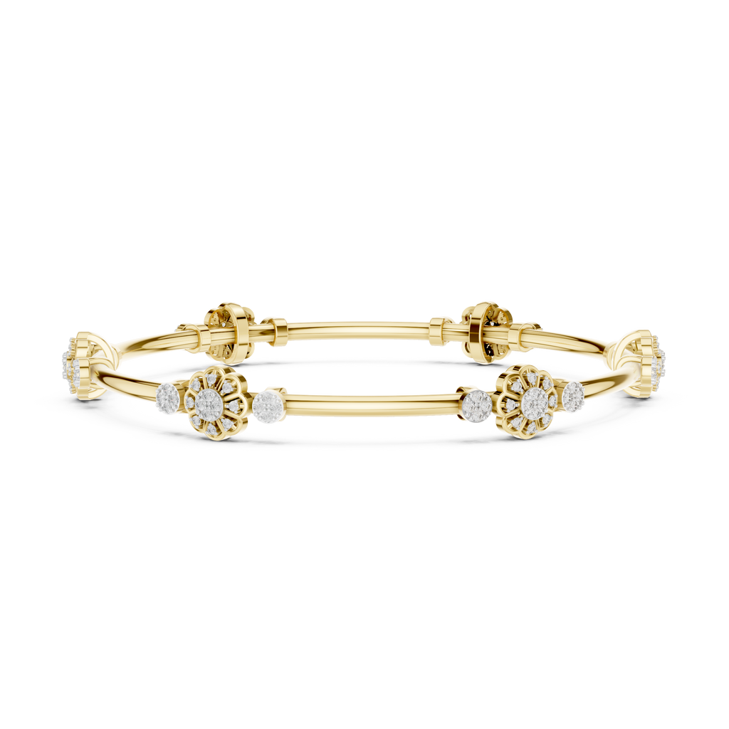 Yellow gold hinged diamond bangle with round clusters and linear bar segments.